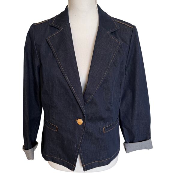 Chico's Denim Blazer Size 1 Small 8/10 Blue One Button Pockets Tailored Stretch - Picture 1 of 10